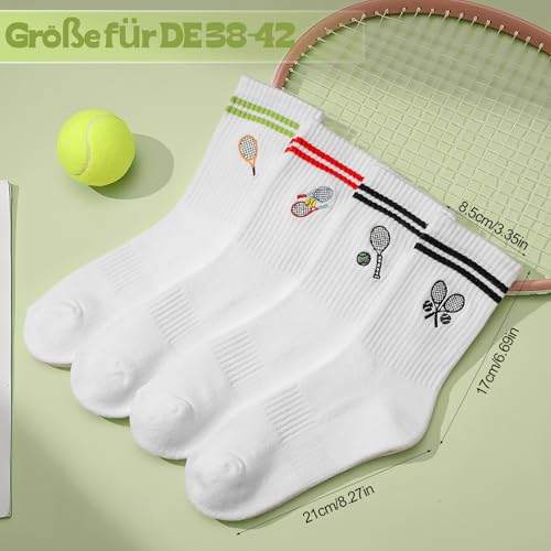 4 Paar Tennissocken Damen 38-42 Sportsocken Weiß Socken mit Stickerei Game Set Match Motiv Baumwollesocken Strümpfe Crew Socks für Tennis Sport Alltag Freizeit