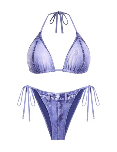 ZAFUL Bathing Suit for Women Padded Two Piece Swimsuit Open Back Halter High Cut Swimwear Triangle Bikini Sets Deep Blue M2