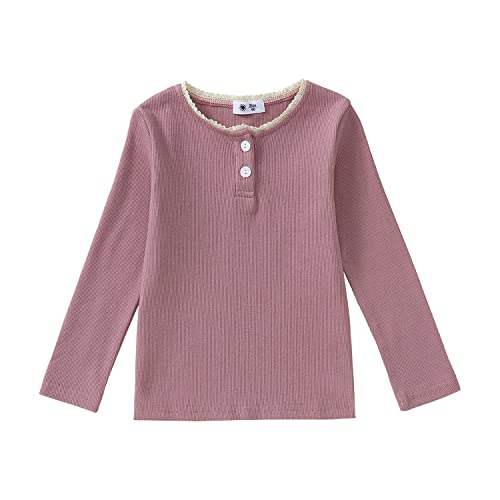 Toddler Baby Girl Basic Long Sleeve Shirt Kids Lace Collar Button Ribbed Knit Top Solid Color Casual Fall Winter Blouse (Pink, 2-3T) #TOP25