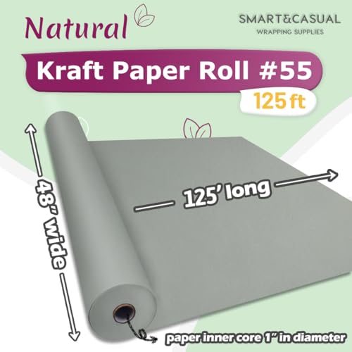 Image of SMART&CASUAL 48 inch x 1,500 inch (125') Light Grey Kraft Craft Paper Roll for Gift Wrapping Bulletin Board Bouquet Flower Art Packing Parcel Table Covering 80GSM 55LB (Light Grey, 48 inch x 125')
