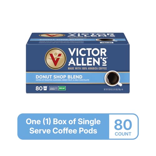 Image of Victor Allen's Coffee Decaf Donut Shop, Medium Roast, 80 Count Single Serve Coffee Pods for Keurig K-Cup Brewers | 100% Arabica beans, Compatible with Keurig 2.0, Under 5mg caffeine per serving, Kosher-OU (Pareve), Single serve coffee pods