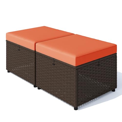 Image of HOMREST 3 Piece Patio Rattan Ottomans Set，Outdoor PE Wicker Footstool w /Removable Cushion, Storage Coffee Table & Multipurpose Footrest Stool for Porch, Poolside, Garden, Deck(Orange)