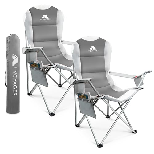 Voyager Folding Camping Chairs 2 Pack with Cooler Bag, Lightweight Q195 Steel Frame, 600D Oxford Fabric, Portable & Comfortable – Black (Grey, Padded)