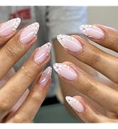 Pink French Tip Press on Nails Flower Fake Nails Almond Full Cover Glue on Nails Floral Pattern D...