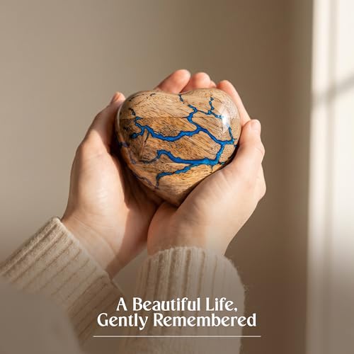 Image of Heart Shaped Wooden Cremation Urns for Human Ashes - 3 Cubic Inches Funeral Memorial Urn for Women & Men - Blue Decorative Keepsake Burial Urn for Male or Female Memorial Display