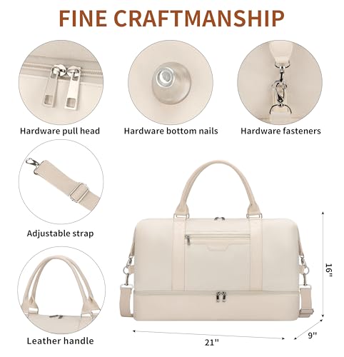Image of Oeihuivt Weekender Bags for Women - 21 Inch Large Travel Duffel Bag with Shoe Compartment, Heavy-Duty Canvas Leather Carry On Overnight Tote, Beige-A, 21, Weekend Trip