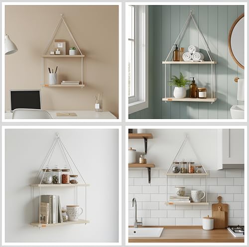 Image of 2 Tier Hanging Shelf | Wall Decor with Adhesive Wall Hooks | Rustic Wood Floating Shelves for Bedroom, Living Room, Kitchen - Boho Swing Plant Holder