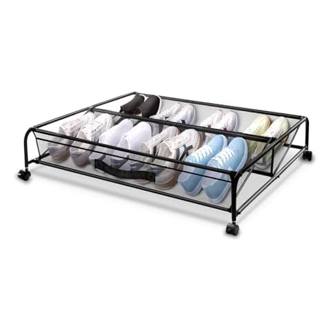 XSCQ Under Bed Shoe Storage with Wheels, Shoe Organizer Under Bed with Sturdy Metal Frame & Breathable Mesh, Apartment Space Saving Shoe Rack, Rolling Storage Container Under The Bed, Sofa and Desk Cover