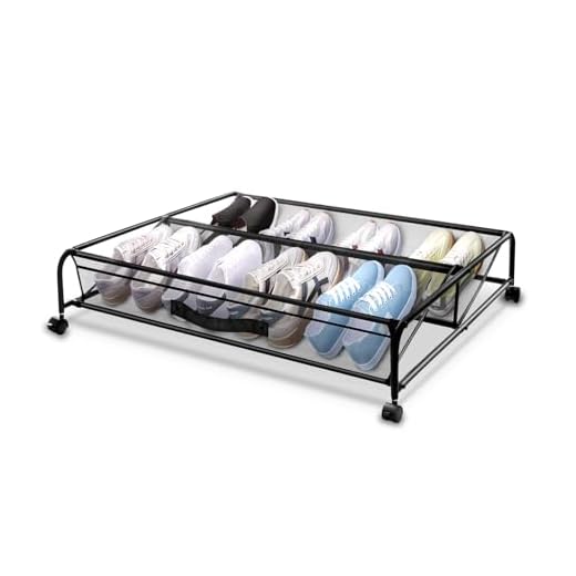 XSCQ Under Bed Shoe Storage with Wheels, Space Saving Shoe Organizer with Sturdy Metal Frame & Breathable Mesh, Suitable Under The Bed, Sofa and Desk, 1 Pack