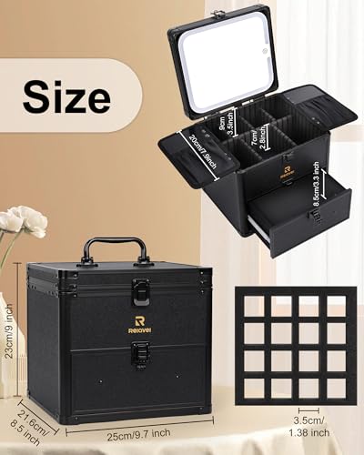 Image of Relavel Makeup Bag with LED Mirror, Dual Layer Cosmetic Train Case with Light up Mirror Large Travel Makeup Artist Organizer Bag for Women with Adjustable Dividers & Nail Polish Organizer, Black