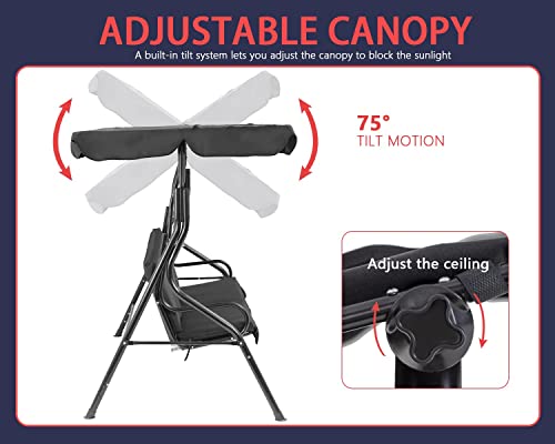 Patio Swing With Canopy Backyard Swing Outdoor Swing Chair With Adjustable Tilt Canopy Removable Cushions Stable Frame Comfortable Armrests For Patio Outdoor Backyard Garden Black #TOP1