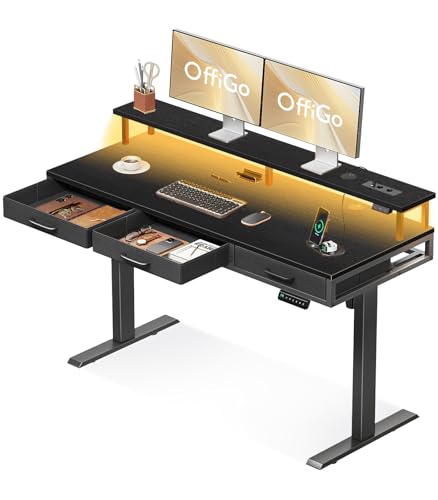 OffiGo Elektrischer Schreibtisch mit Schubladen, 140cm Höhenverstellbarer Schreibtisch mit Monitorständer, Gaming Tisch mit Steckdosen und Lichtleiste, Tisch Höhenverstellbar Bürotisch, Schwarz OffiGo Elektrischer Schreibtisch mit Schubladen, 140cm Höhenverstellbarer Schreibtisch mit Monitorständer, Gaming Tisch mit Steckdosen und Lichtleiste, Tisch Höhenverstellbar Bürotisch, Schwarz