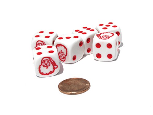 Koplow Games Set of 6 Santa Claus 16mm D6 Round Edge Christmas Dice - White with Red Pips