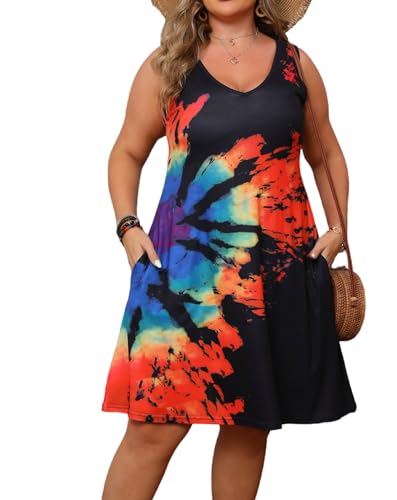 Women Plus Size V Neck Sleeveless Floral Print Pocket T Shirt Dresses Casual Midi Tank Dress Beach Cover up Sundress (XL-5X)