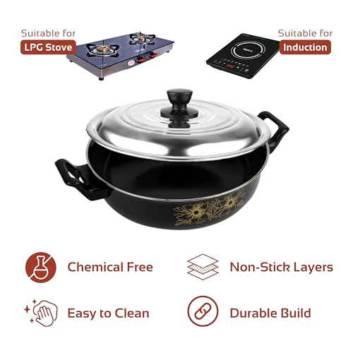 Image of My Store PTFE Non-Stick Kadhai with Lid (3.5 L) - Non Stick Cookwares for Kitchen - Kadhai with Steel Lid [Pack of 2]