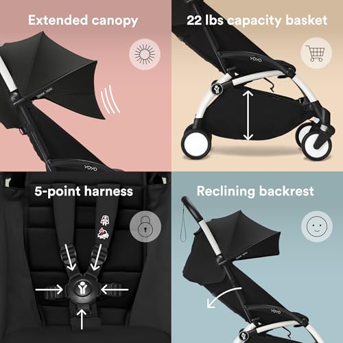 Image of Stokke YOYO3 Stroller from 6 Months - Includes White Frame /Black Seat Cushion + Canopy - Folds in & Out in a Flash - Light & Compact - Carry-On Compatible