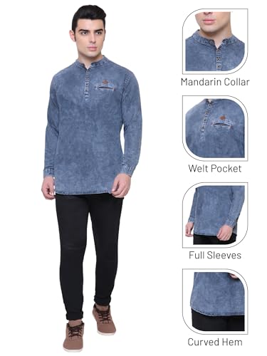 Image of Kuons Avenue Men's Denim Casual Short Kurta | Mandarin Collar | Full Sleeves | Tailored Fit- Stylish Ethnic Wear