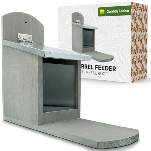 Wooden Squirrel Feeder with Metal Roof Outdoor Feeding Station