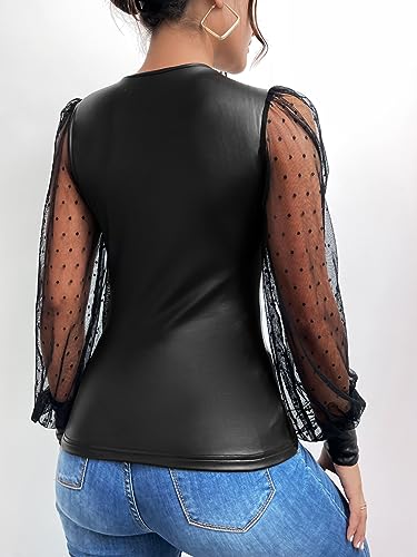 WDIRARA Women's PU Leather Polka Dots Sheer Mesh Puff Long Sleeve Slim Party Top Blouse2