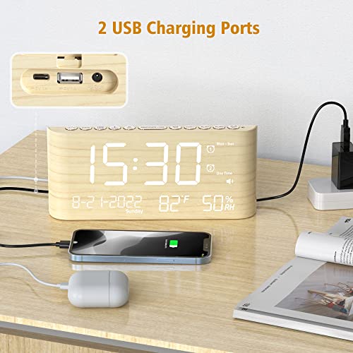 Digital Alarm Clock With Weekday/Weekend Mode, Dual Alarm,Adjustable Volume,Temperature & Humidity Monitor, Calendar,5 Levels Dimmer,12/24H,Snooze,Battery Backup,Wooden Alarm Clock For Heavy Sleeper #TOP5