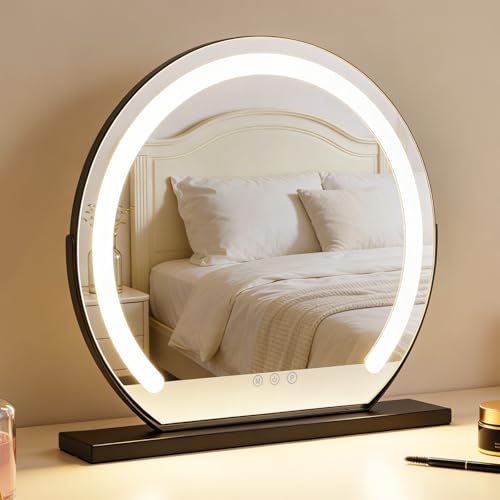 Mursche Espejo de maquillaje con iluminación Hollywood Espejo – 40 × 35 cm LED Vanity Mirror pequeño espejo cosmético con luz espejo de mesa 3 modos espejo tocador negro táctil regulable
