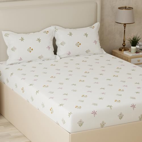 Image of Huesland 210 TC Premium Pure Cotton Bedsheet Queen Size Bed Cotton with 2 Pillow Covers | Palm Meadow | Cream, Pink, Green & Ocre