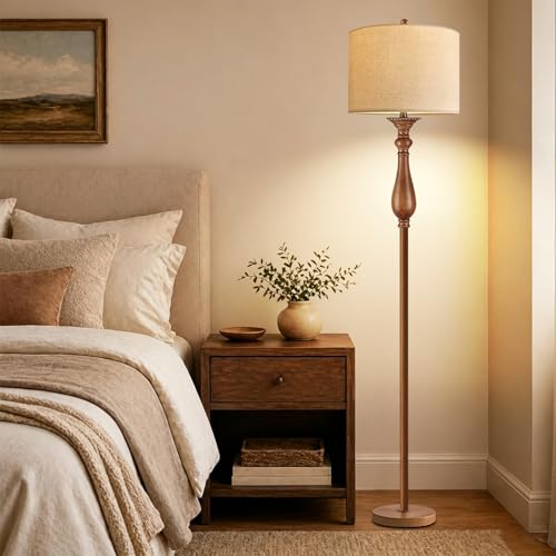 Image of Wood Floor Lamps for Living Room Farmhouse Boho Floor Lamp with Remote Control & 3 Color Temperature,Dimmable Vintage Floor Lamp Mid Century Modern Standing Lamp Pole Tall Floor Lamp Bedroom Corner