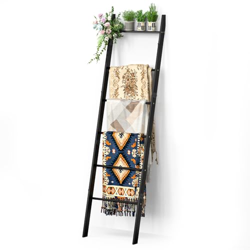 BAMBANG 6-Tier Blanket Ladder for Living Room, Blanket Quilt Ladder Rack Rustic Decorative Towel Holder, Wall Leaning Blanket Ladder Shelf Storage Farmhouse Decor for Bedroom Bathroom, Black