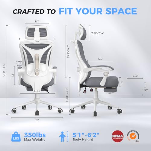 Image of CYKOV Ergonomic Office Chair with Footrest - Adjustable Lumbar Support & Headrest, 90-135 Reclining Mesh Back Computer Chair - Home Office /Gaming, 350lbs Capacity