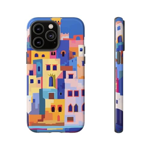 Coque iPhone 14 Pro Max illustration ville côtière bleue rigide et brillante