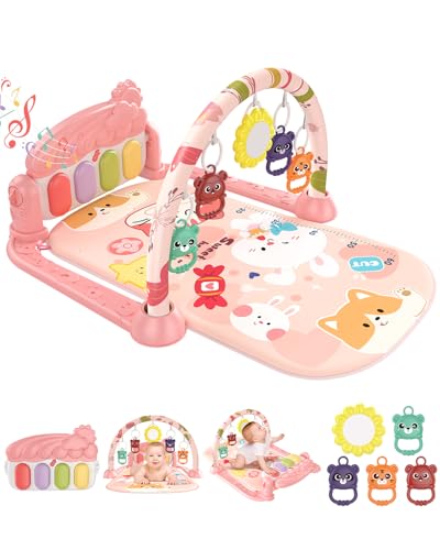 dearlomum Baby Play Gym Mat with 4-Key Musical Piano, Lights, Sounds & Hanging Toys for Tummy Time and Sensory Development, Infants to Toddlers (Pink...