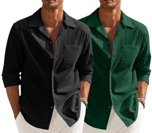 Image of Combo of Men's Casual Cotton Blend Shirt || Long Sleeve Button Down with Spread Collar | Lightweight Breathable Fabric | Stylish Solid Shirt for Beach, Office & Everyday Wear Pack of 2