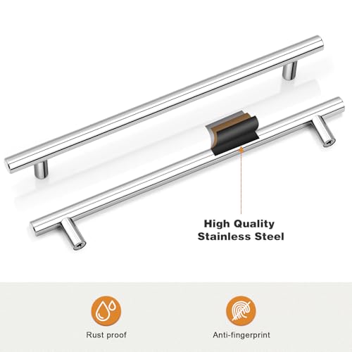Image of Probrico 10 Pack|Polished Chrome Kitchen Drawer Pulls 10 inch Hole Centers, Euro T Bar Cabinet Handles in Chrome Dresser Pulls Kitchen Cabinet Hardware 256mm Holes