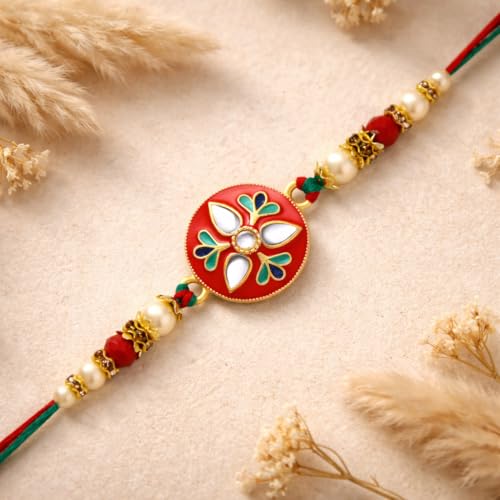 Image of Riddhika Ventures Glorious Gold Plated Auspicious Diamond Ring Rakhi with Roli Chawal and Greeting Card