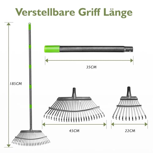 ZHJAN Rechen Garten,25+11 Zinken Laubrechen mit Stiel Metall, Verstellbarer Stiel (70-185 cm),Schwerlast Laub,Gartenharke für Laub, Rasen, Boden,inkl. 2 Handschuhe