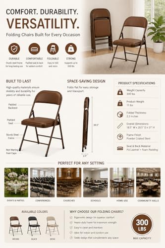 Image of MLU Foldable Padded Folding Chair with Cushion Seat & Backrest | Heavy Duty Steel Frame | Portable Space Saving Chair for Home, Office, Events (Brown, 1 Chair)