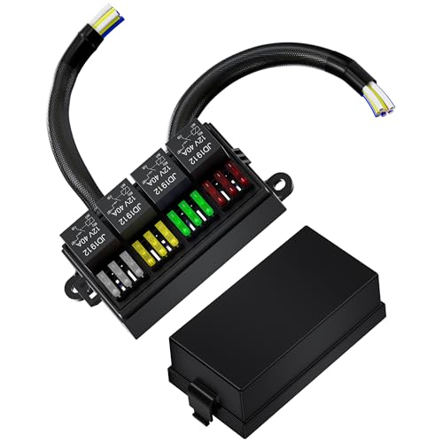 12V Relay and Fuse Box Kit with 4 JD1912 Relays and 12 Blade Fuses, Automotive Power Distribution Block with Wiring Harness for Car Truck RV UTV Off-Road