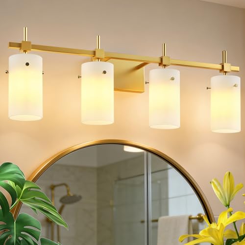 Image of SOLFART Bathroom Light Fixtures, 4 Light Vanity Lights for Bathroom, Gold Wall Light with Milky White Glass for Mirror, Living Room, Hallway, Cabinet, E26 Base (Bulbs Not Included)