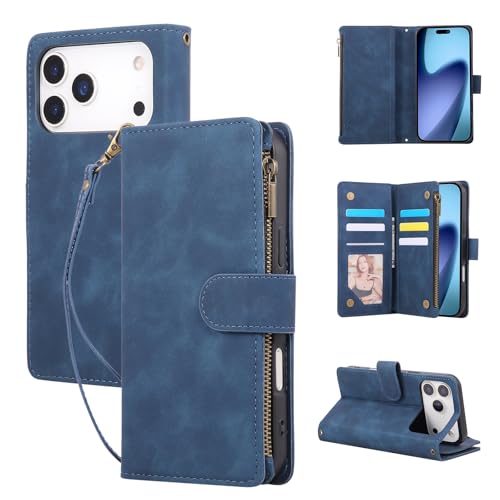Étui portefeuille iPhone 17 Pro Max coque antichoc cuir bleu