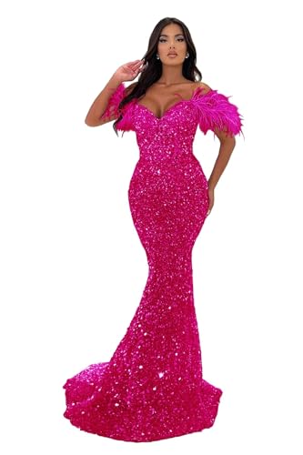 Sequin Mermaid Prom Dresses 2025 Sparkly Off Shoulder Feathers V-Neck Bodycon Formal Evening Party Gowns with Train