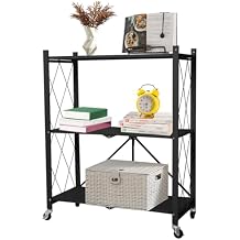 Hershii Folding Storage Shelf on Wheels 3-Tier Collapsible Shelving Unit Metal Rack Organizer Heavy Duty Display Stand for Kitchen, Dorm, Pantry, Garage, Office - No Assembly Required - Black