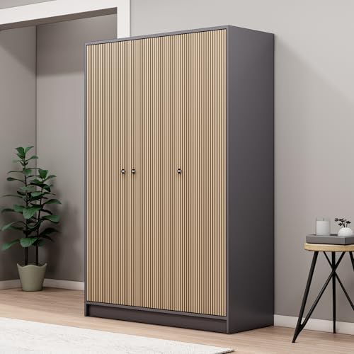 Image of Bniture Luxe 3 Door Wooden Wardrobe for Bedroom with Lockable Drawer & Hanging Space | Engineered Wood Almirah for Clothes with 3D Textured Panels | Wide Spacious Storage Cupboard | Grey & Giant Wood