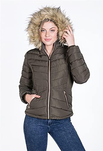 BodiLove Women's Everyday Warm Winter Quilted Puffer Short Coat High Collar Jacket with Removable Faux Fur Hood Zipper Vegan Leather Piping Water Resistant Wind Blocker Olive M - Image 7