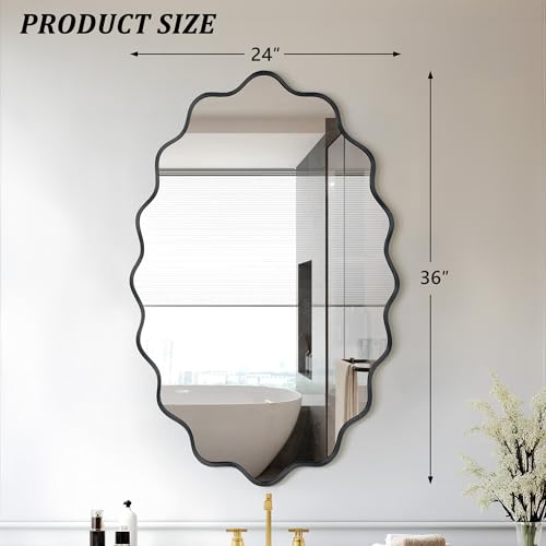 Image of Oval Wavy Wall Mirror -Irregular Wall Mirror with Black Asymmetrical Aluminum Alloy Frame,24 inchx36 inch Decorative Wall Mirrors for Bathroom, Bedroom, Living Room, Dining Room，Entryway