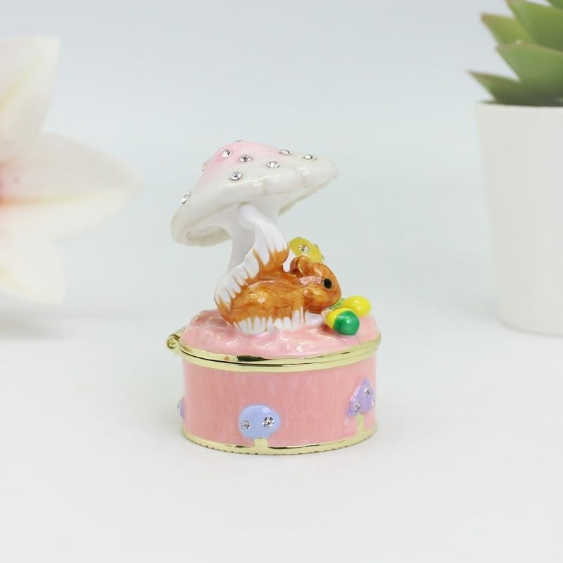 Enamel Mushroom with Squirrels Jewelry Box Hand Painted Hinged Trinket Box Collectible Home Decor Luxury Gifts (Pink) image 4