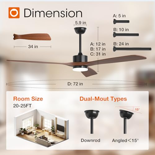 Image of addlon 72 Inch Solid Wood Ceiling Fans with Lights and Remote Control | 3CCT dimmable light, quiet reversible DC motor, 6 speeds, memory, timer; bedrooms, living rooms, covered patios and gazebos
