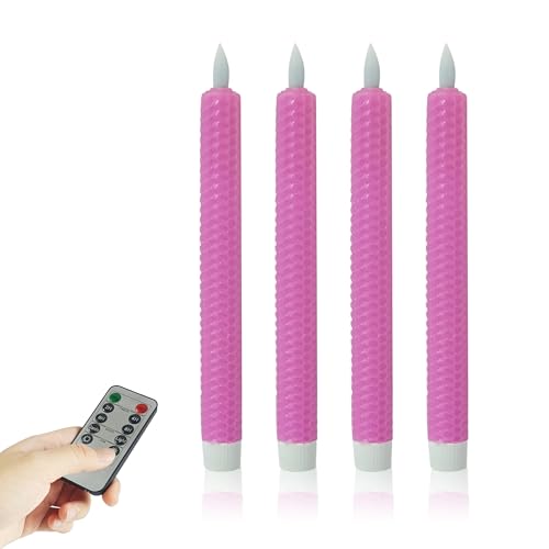 Image of Beeswax Honeycomb Flameless LED Taper Candles, 9.5 Inch Flickering Wax Candles with Remote & Timer, Pink Battery Operated Dripless Tapered Candle for Home Wedding Decor, 4 Pack