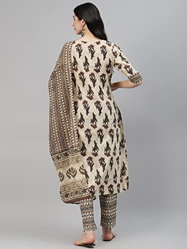 Image of Arayna Women's Cotton Printed Straight Kurta with Palazzo Pants & Dupatta Set