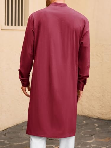 Image of Runcati Mens Kaftan Robe Button Down Long Sleeve Cotton Linen Thobe Casual Muslim Gown Henley Shirt