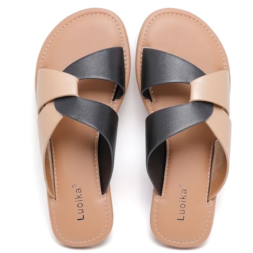 Image of Luoika Women's Wide Width Flat Slides Sandals, Strapy Slide Sandal Slip on Dressy Summer Shoes for Women.